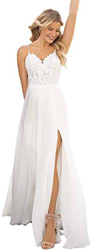 ZOOYYUE Brautkleider Standesamt Spaghetti-Träger Lang - Chiffon Hochzeitskleider Spitze Prinzessin Brautkleid A-Linie Weiß 38