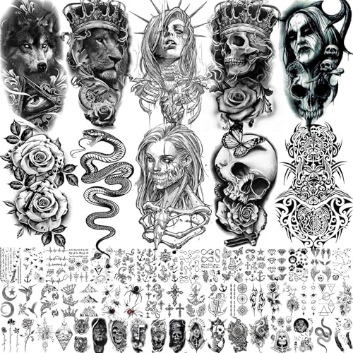 62 Blatt Halloween Temporäre Tattoos Damen Herren Wolf Löwe Skelett Arm, 3D Realistisch Klebe Tattoos Aufkleber Erwachsenen, Totenkopf Vampir Fake Tattoo Zum Aufkleben Schlange Blume Kompass
