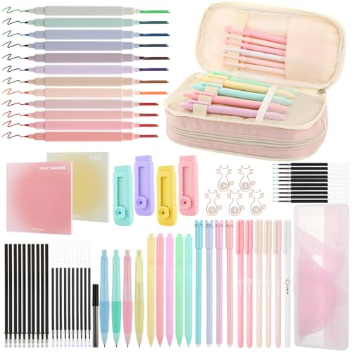 Halinuia 78 Pezzi Forniture Scolastiche Kawaii con Astuccio, Penna Gel, Pastelli Evidenziatori, Penna a Sfera Retrattile, Matita Meccanica, Mina di Matita, Gomma, Righello, Note Adesive, Segnalibri