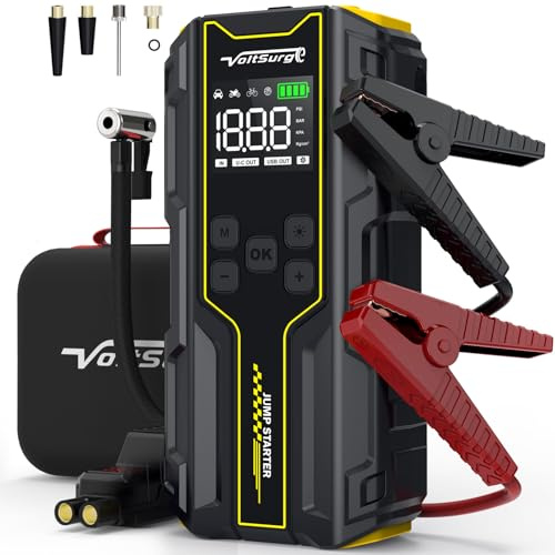 VoltSurge Starthilfe Powerbank mit Kompressor, 150PSI 7000A Auto Starthilfe Powerbank, 12V Booster Auto Starthilfe(für 10.0L Benzin und 8.0L Dieselmotor) mit LED-Licht