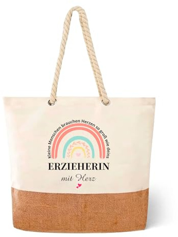 Erzieherin Geschenk Tragetasche 45x35x15 cm, Erzieherin mit Herz Jutetasche mit Regenbogen Motiv, Abschiedsgeschenk Erzieherin für Kindergarten Schule, Geschenk Erzieherin für Alltag und Unterricht
