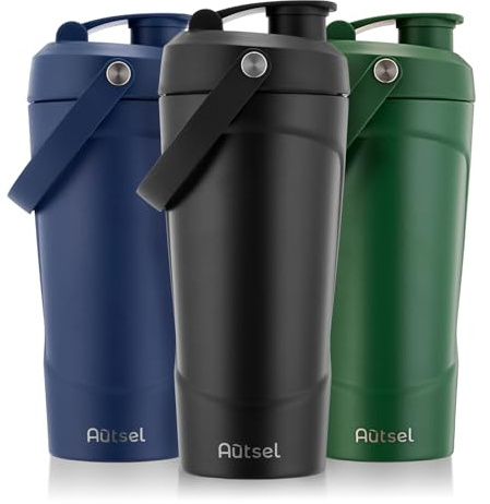 Autsel Protein Shaker Edelstahl, 750ml Trinkflasche Auslaufsicher | Trinkflasche Sport mit Kugel, Eiweiß Shaker Becher für Gym, Training, Unterwegs & Alltag, BPA Frei, Schwarz