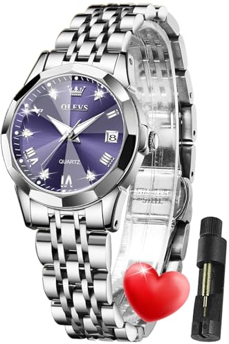 OLEVS Damen Uhr Quarzuhr mit Diamant Edelstahlarmband Lila Zifferblatt Wasserdicht Datumsanzeige Elegante Damenuhr für Frauen
