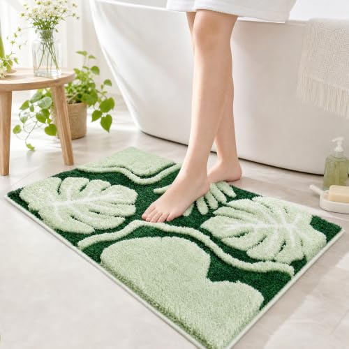 BLESWIN Leaf Bath Mat - Monstera Leaves Bathroom Rug, Non Slip Absorbent Soft Plush Microfiber Plant Decor Doormat for Shower Bathtub Bedroom Kitchen, 60×90cm（Dark Green）