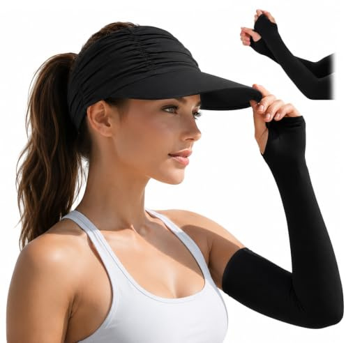 DVDVBOOM Sun Visors for Women, UV Protection Wide Brimmed Sunvisors for Women Lightweight, Adjustable Cooling Ladies Sun Visor Hat Open Top UPF 50 for Summer (Black)