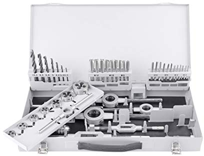 GSR PROFI Gewindeschneidsortiment, 45-teilig, Gewindeschneidsatz metrisch, Geschwindeschneider Set HSS-G, M3-M12, Gewindebohrer & Schneideisen, Kernlochbohrer, Haltewerkzeuge, Mit Stahl-Kassette