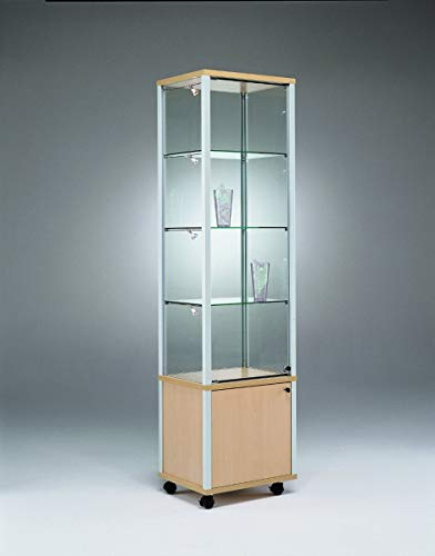 MHN Glasvitrine 180 x 50 x 50 cm - abschließbare Vitrine mit Holz-Unterschrank (lichtgrau) & Spiegelrückwand - 2-türige Hochvitrine für Sammlerstücke, Kunst oder Schmuck