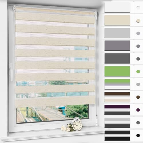 Magiea Doppelrollo Klemmfix ohne Bohren & mit Bohren, Leinen B90 x H130 cm Stoffbreite 86 cm, Klemmrollo lichtdurchlässig und Blickdicht, Fensterrollo Sonnenschutzrollo für Fenster
