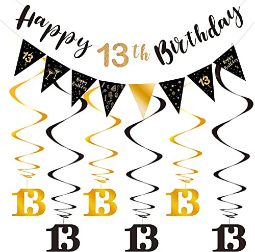 Black & Gold 13th Birthday Decoration Kit for Boy, Happy 13th Banner, Triangle Flag, Swirls Streamers