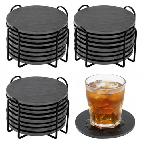 Dicunoy 24 PCS Slate Coasters, 4 Black Stone Coaster with Holder for Bar