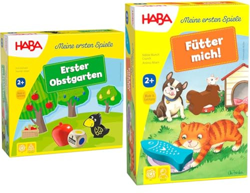 Haba 4655 - Meine ersten Spiele Erster Obstgarten & 305473 - Meine ersten Spiele – Fütter Mich! Zuordnungsspiel ab 2 Jahren für 1 – 5 Spieler mit 5 Holzfiguren zum Thema Haustiere, Spieldauer 5 min