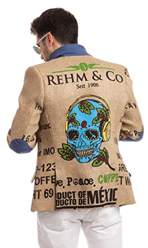 Designer-Sakko für Herren aus mexikanischen Kaffeesäcken mit authentischem Totenkopf-Print der Kaffeefarm, Olivenholz-Knöpfe & Ellenbogen-Patches. Limited Edition Kollektion von THE COFFEE JACKET (54)