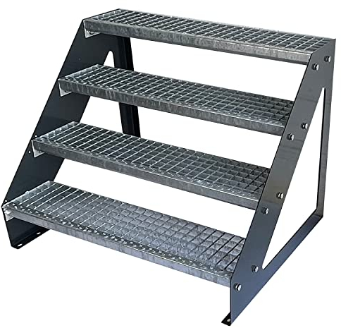 Kaminbau Mierzwa Premium Stahl Treppe Freistehend Verzinkt & Anthrazit Pulverbeschichtet 4 Stufen (Breite 100 cm) (Höhe 76 cm) Wetterfest Gitterroststufe Gartentreppe