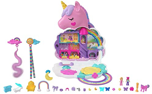 Polly Pocket Mini Toys, Rainbow Unicorn Salon Styling Head and Playset with 2 Micro Dolls, 20+ Accessories and Moving Features, HKV51