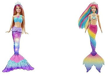 Barbie HDJ36 - Malibu Zauberlicht Meerjungfrau Puppe (30 cm, Blonde Haare), ab 3 Jahren & GTF89 - Dreamtopia Regenbogenzauber Meerjungfrauen-Puppe von 3 bis 7 Jahren