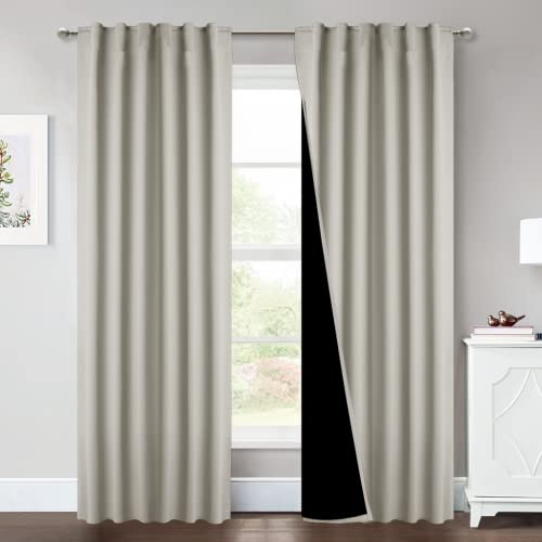 NICETOWN Natural Living Room Completely Shaded Draperies, Privacy Protection & Noise Reducing Drapes for Laundry, Black Lined Insulated Window Treatment Curtain Panels (2 Pieces, W52 x L84)