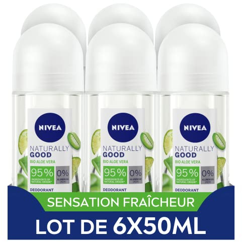 NIVEA NATURALLY GOOD Déodorant Femme Aloe Vera Bio Bille (lot de 6 x 50 ml), déodorant avec 95% d’ingrédients d’origine naturelle, roll-on fraîcheur 24h