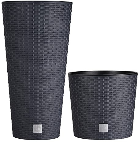Tymar Blomkruka med insats, set om 2, stor, rotting, blomkruka av plast, överkruka, rund form, inomhus- och utomhusbruk (antracit-set, ø 40 cm)