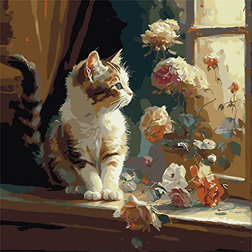 SULISO Malen Nach Zahlen Erwachsene Blume DIY Handgemalt Ölgemälde Kits für Kinder Anfänge Geschenke Kits für Mädchen Frau Geschenk Haus Deko 40x50CM,Katze und Blumen