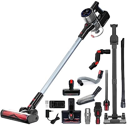 Genius Invictus X9 Facelift Staubsauger Kabellos 20-TLG., Akku Staubsauger bis zu 55 Min Teppich Tierharre Auto Hartböden, HEPA Filter, LED, Stielstaubsauger Touchscreen, Ladestation, Bürste Set