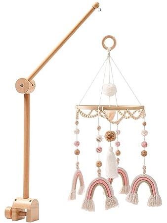 Surakey Mobile Bébé Bois, Bebe Musical, Carillon De Vent Étoile Tricotée à La Main - Décoration Chambre pour Fille Et Garçon, Maison, Ornements, Suspendus Porte