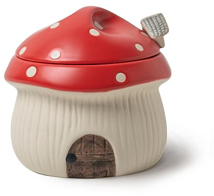 RESVUGA Ceramic Sugar Bowl with Lid and Spoon, Cute Mushroom House Design. Porcelain Seasoning Storage Jar, 320 ml. (Red)