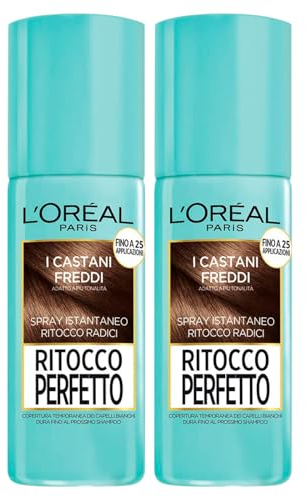 L'Oréal Paris Perfecto retoque de color marrón frío, spray para cabello blanco, cobertura temporal instantánea de las raíces, duración de hasta 25 aplicaciones, 2 botellas de 75 ml