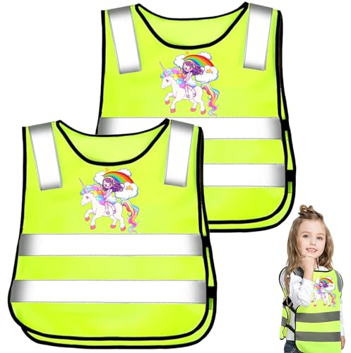 YOUYIKE 2/3 Pcs Gilet de Sécurité pour Enfan,360°Visibilité à Gilet Réfléchissante pour 3-12 Ans Enfants,Gilet Jaune Réfléchissant Oui Nuit Marche idéale（Licorne Taille Universelle ）