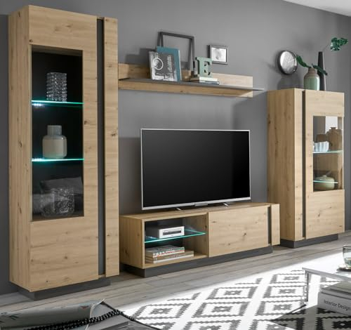 Furn.Design Wohnwand Schrankwand in Eiche Artisan und grau Graphit Wohnkombination 4-teilig Set 290 x 194 cm Louna (Set 1)