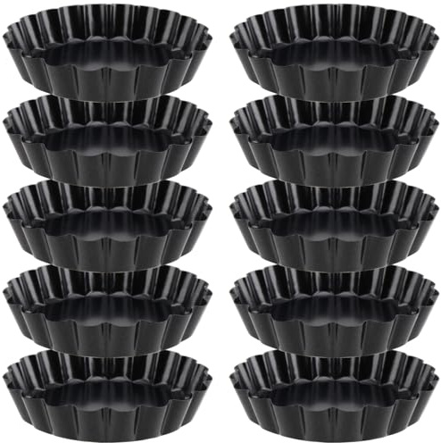 YUENPUN 10 platos de flan con parte inferior extraíble, 4 pulgadas, base suelta, acero al carbono, antiadherente, acanalado, para tartas, quiche, estuche individual para hornear y cocinar