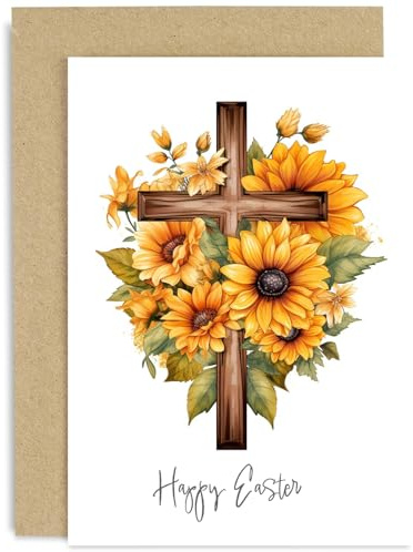 Religiöse Osterkarte, christliche Grußkarte, Motiv: Sonnenblumenkreuz, Blatt-Design, Sonnenblumenkunst, Ostergeschenk für Mutter, Vater, Großeltern, Enkelin, Enkel, blanko innen