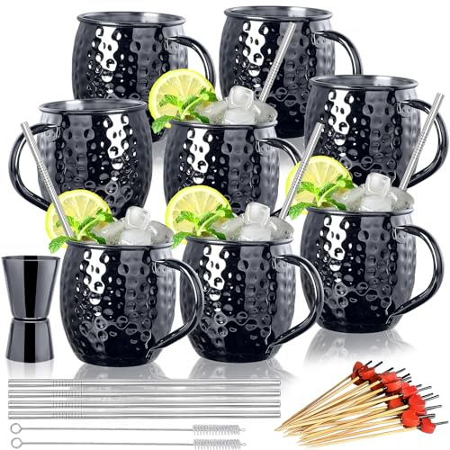 Moscow Mule Mugs- Set of 6 Black Plated 18oz Stainless Steel Mug Double Jigger Chilled Drink Cocktail Mug (Round 8pcs)