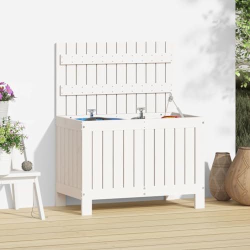 KATERYY Gartentruhe Weiß 76x42,5x54 cm Massivholz Kiefer,Geräumige Gartenbox aus massivem Kiefernholz für Ordnung im Außenbereich