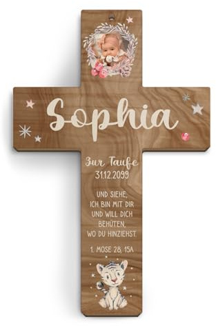 Kartenmachen.de Foto Taufkreuz personalisiert aus Holz Taufgeschenk Mädchen Junge 13x20cm - Weißer Tiger - Walnussholz Look