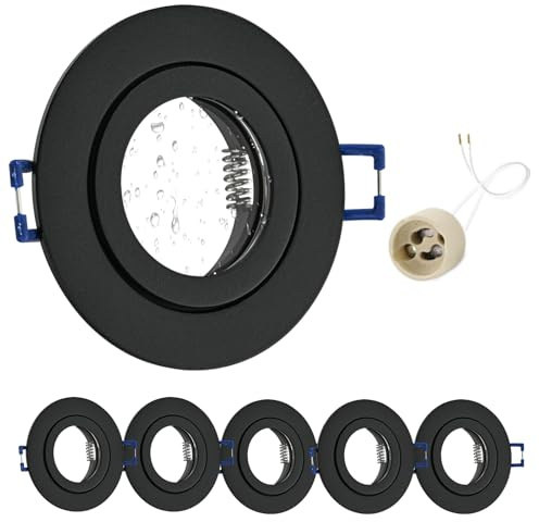 GeyouLux 6x Einbaustrahler GU10 Einbaurahmen IP44 Schwarz Lochmaß 65-75mm | Aluminium, Ø84mm Deckenspots, matt Schwarz, mit 230V GU10 Fassung, bis 50W, für Bad Küche, Rund Flach, ohne Leuchtmittel