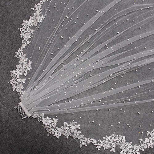 Braut Hochzeit Schleier Brautschleier, Perlen-Hochzeitsschleier mit Spitzenapplikationen, 2,5 Meter langer Brautschleier mit Kamm, 250 cm Schleier for die Braut(White,100)