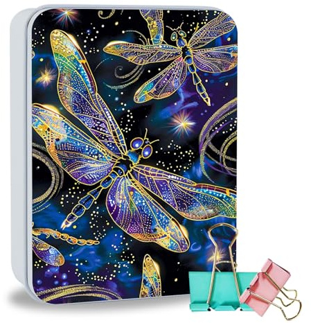 ETLKJVBL Metal Tin Box Sturdy Metal Storage Box with Lid, Large Container Holder for TCG Cards, Cookies, Car Keys and More, 7.1x4.7x2.0 Inch Tin Containers for Gift, Purple Dragonfly