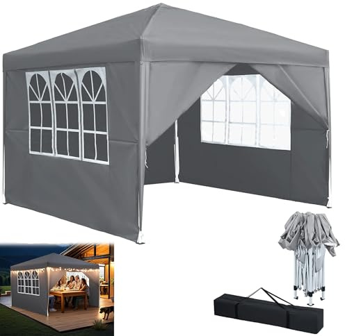 YRHome Pavillon Pop Up Faltpavillon Pavillon 2.5x2.5m Wasserdicht Winterfest Stabil UV-Schutz Gartenpavillon mit 4 Seitenteilen und Fenstern Outdoor Gartenzelt Partyzelt Festzelt Höhe bis 2.6m, Grau
