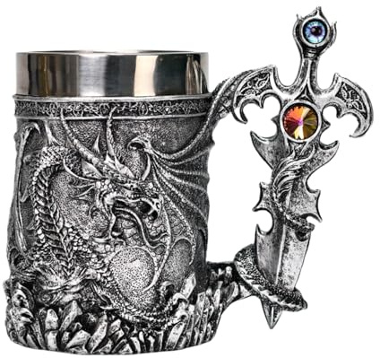 WOGXN Dragon Beer Mug Dragon Beer Tankard Mug 600ml Retro Stainless Steel Coffee Cup Large Resin Capacity Beer Mugs Retro Tankard Drinkware Mug for Coffee Beverage Juice