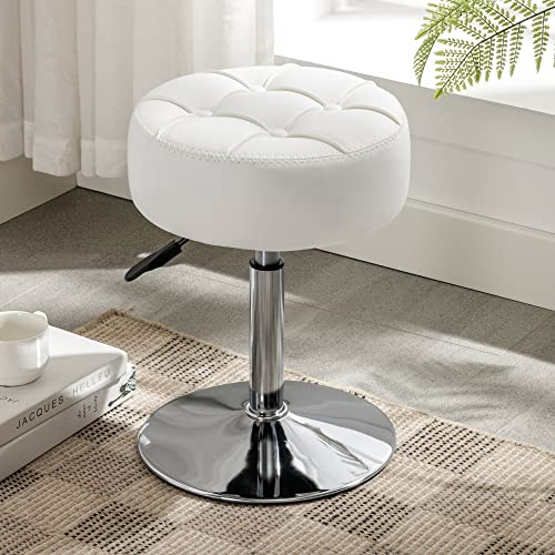 LUE Bona Taburete de tocador Giratorio 360°, Altura Ajustable, Silla de Maquillaje con tapizado de Polipiel y diseño Acolchado con Botones, Blanco