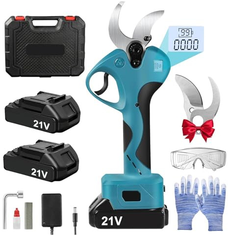 40mm Akku astschere, mit 2 Stück 21V 2000mAh Akkus & Ersatzklingen Set,Bürstenlosen Motor,elektrische gartenschere,elektrische schere,LCD-Display,zum Beschneiden von Bäumen ﻿ ﻿ (Blau)