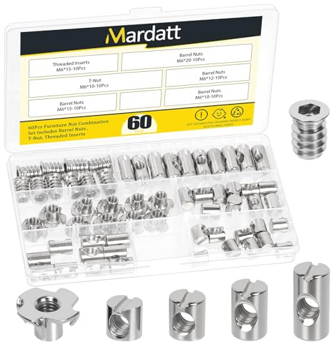 Mardatt 60 dadi a barilotto M6 x 10/12/15/20 mm, in acciaio al carbonio nichelato argento, tasselli a croce scanalati, inserti filettati M6 x 15 mm con kit di dadi a T M6 x 10 mm, per viti per mobili