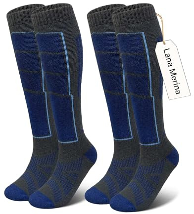 Vebroert Calcetines de Esquí Lana Merino - 2 Pares Hombre Mujer Calcetines Térmicos Invierno Frío Extremo Montaña Regalo Navidad Azul EU 43-46