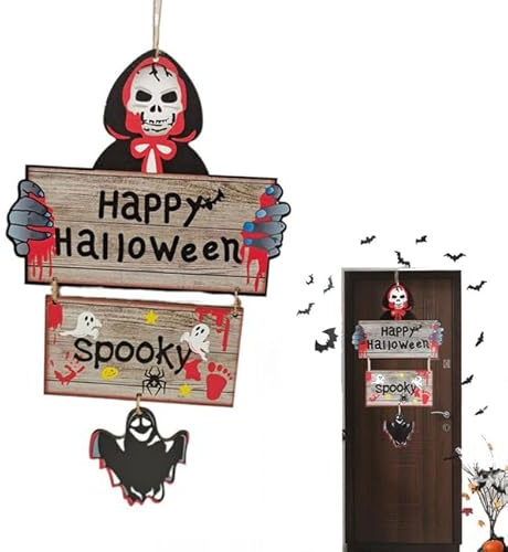 Cartello da Appendere in Legno di Halloween,Benvenuto per Porta e Finestra,Decorazione di Halloween,Ciondolo Decorativo a Forma di Teschio e Pipistrello