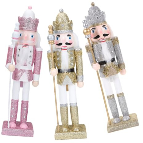 MAGICLULU 3Pcs Wooden Nutcracker Soldier Christmas Holiday Decorations Indoor Outdoor Festive Ornaments Glitter Silver Gold Pink for Home Hotel Shop Display