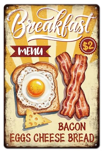 GLOBLELAND Breakfast Bacon Menu Metal Tin Sign 8x12in Eggs Cheese Bread Vintage Painting Tin Signs Wall Poster Plaque for Kitchen Breakfast Dining Room Café Brunch Culinary Room
