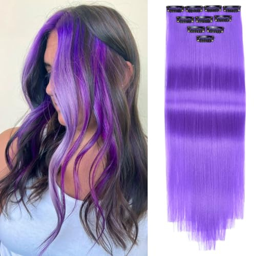 PARXITN 10 ciocche colorate per capelli da 22 pollici, con clip, per feste, cosplay, festival, carnevale, Halloween, Natale, viola