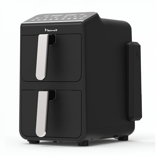 Narvi Freidora de Aire Doble Resistencia 10L - 2460W - Cocción Rápida Sin Girar Alimentos - 10 Menús - 2 Cestas de 5L con Finalización Simultánea SYNC - Panel Táctil y Libre de BPA