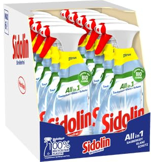 SIDOLIN Streifenfrei All in 1 Zitrus (10 x 500 ml), Glasreiniger verleiht Sauberkeit, Glanz & Schutz, Fensterreiniger mit Bio-Alkohol, Flasche aus 100% recyceltem Plastik