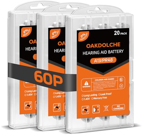 OAKDOLCHE Hearing Aid Batteries Size 13,60 Count,Mercury Free Zinc-Air Batteries,1.45 Volt Long Lasting & Easy to Open